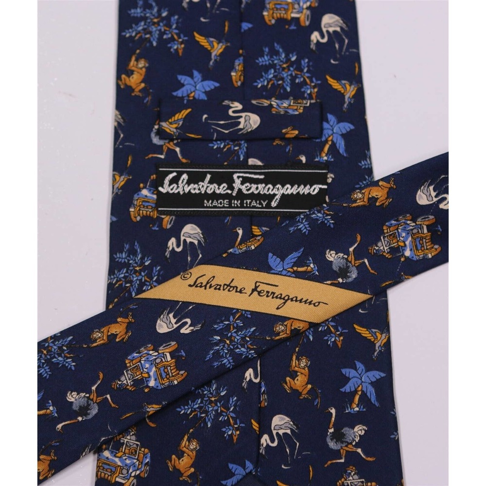 Salvatore Ferragamo Blue Safari Flamingo Monkeys Silk Necktie Tie - Picture 6 of 7